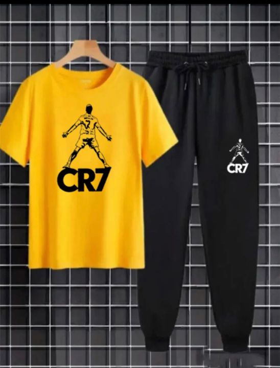 Cristiano Ronaldo Cotton Jersey Half Sleeves O Neck Short Sleeves Summer Round Neck Casual T Shirt & Trouser Sweat Pants Premium Track Suit For Men & Boys - Black White Yellow Colors T-Shirts Tracksuit