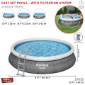 Bestway Fast Set Pools with Filter, 13 feet & 15 foot Extra Large Size Family Pool with 33 inch & 42 in depth, Inflatable Top Ring Quick Setup Deep Swimming Pool for Home with Water Filtration Pump, 57376, 57372, 57313, Easy Set Heavy Duty 3 Ply PVC Pool. 