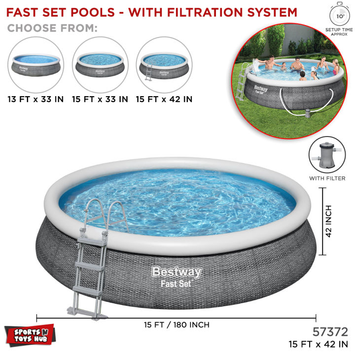 Bestway Fast Set Pools with Filter, 13 feet & 15 foot Extra Large Size Family Pool with 33 inch & 42 in depth, Inflatable Top Ring Quick Setup Deep Swimming Pool for Home with Water Filtration Pump, 57376, 57372, 57313, Easy Set Heavy Duty 3 Ply PVC Pool