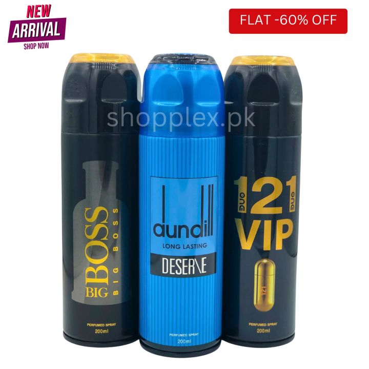 Body Spray Pack of 3 For Men Gift | Big Bottle 200ml Big Boss | Dundill Blue | One 2 One VIP by FRESHRITE Value Budget pack For Men & Women Gents and Ladies Deodorants Body Spray Imported High Quality By Lucky Long Lasting Women And Men Gift Whole Sale