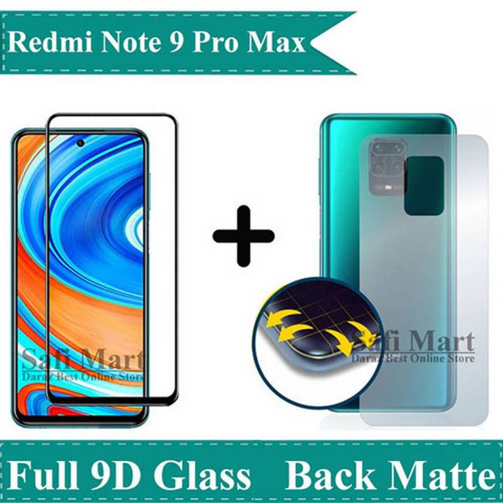 Xiaomi Redmi Note 9 Pro Max Complete Black 9D 5D 10D 11D 6D Tempered Glass Full Glue Edge to Edge Screen Protector Premium Quality + Back Matte Anti-Slip Protector Soft Skin Sheet Film Protection Carbon Fiber For Redmi Note 9 Pro Max  -  Transparent