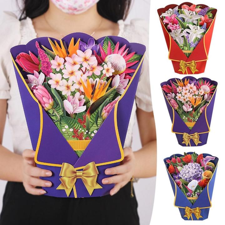 Bouquet Shape Greeting Card 3D Pop Up Greeting Cards Creative Invitation Card for Mothers Day Wife Lover Gifts Home Decoration