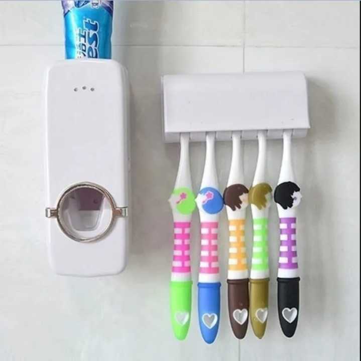 A.M Set of Toothpaste Dispenser & Toothbrush Holder - White Automatic ...