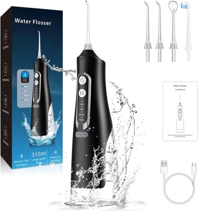 ZACCER Oral Irrigator (M209) Water Flosser with 4 Modes and 4 Nozzles, 310 ml Waterflosser Wireless  IPX7 Waterproof, Portable Dental Shower, USB Rechargeable Teeth Cleaning, Oral Irrigator for Travel & Home