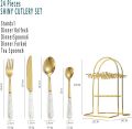 Openi - 24 Pcs Household Cutlery Set with Hanging Rack - Independent Storage And Easy To Use - Durable Stainless Steel Material - Fork, Spoon, Knife, Tea Spoon Set And White Marble Design Handle. 