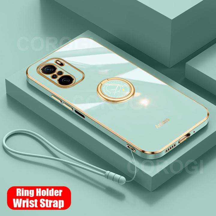 For Xiaomi POCO F3 Back Cover with Ring Holder Stand + Wrist Strap Shiny Plating Square Bumper Protective Case Soft Silicone Shockproof Mobile Phone Cases