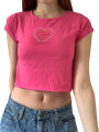 Women's Crop Tops, Round Neck Cap Sleeve Love-Heart Rhinestone Casual T-shirts, Pink. 