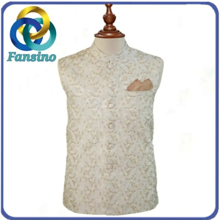 Embroidered Off-White Waistcoat By Fansino | Wedding Speacial | Fancy Embroidered Waist Coat For Men
