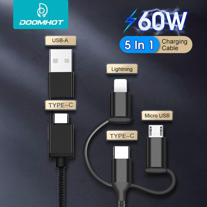 Doomhot 5 In 1 Multi Charging Cable 60W Fast Charging Cable Multi Charger Cable Multiple USB Cable Universal Charging Cord Adapter with USB Type-C Lightning Micro USB