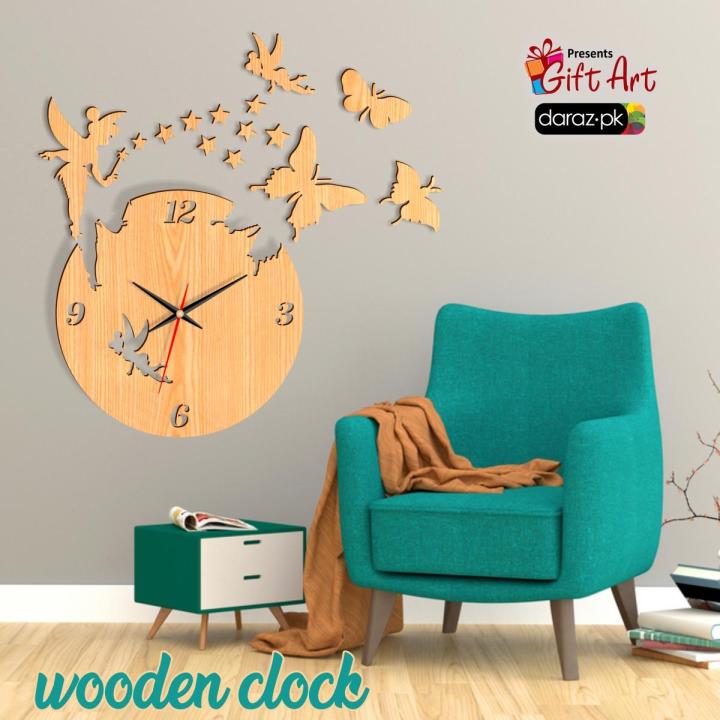 Gift Art - Fairy Wooden Wall Clock, Girls Favorite 3D Laser Cut Wall Clock In Modern Fairy With Stars & Butterflies