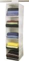 hanging organizer, cabinet organizer, hanging shelf, hanging storage, foldable and space saving, metal hooks and bamboo inserts, linen-like texture 5 shelve. 