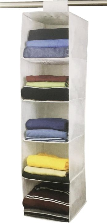 hanging organizer, cabinet organizer, hanging shelf, hanging storage, foldable and space saving, metal hooks and bamboo inserts, linen-like texture 5 shelve