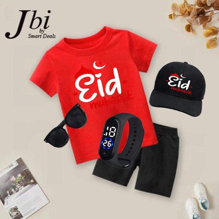 Pack of 5 Summer Kids Special Eid Day Printed Tracksuit Half Sleeves Round Neck T-Shirt Glasses Watch Short With Printed Cap Tracksuit for Kids