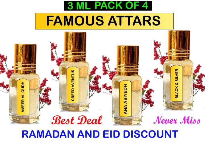 🌙 SPECIAL EID DISCOUNTED OFFER! 🌙  🎉 PACK OF 4 FAMOUS ATTARS – PURE & ALCOHOL-FREE 🎉  💫 Featuring:  AMEER AL OUDH || CREED AVENTUS || BLUE SEA  || ANA ABIYEDH ✨ THE BEST COLLECTION FROM HAFIZ ATTAR MAHAL ✨ 🌟 Long-Lasting, Pure, & Luxurious
