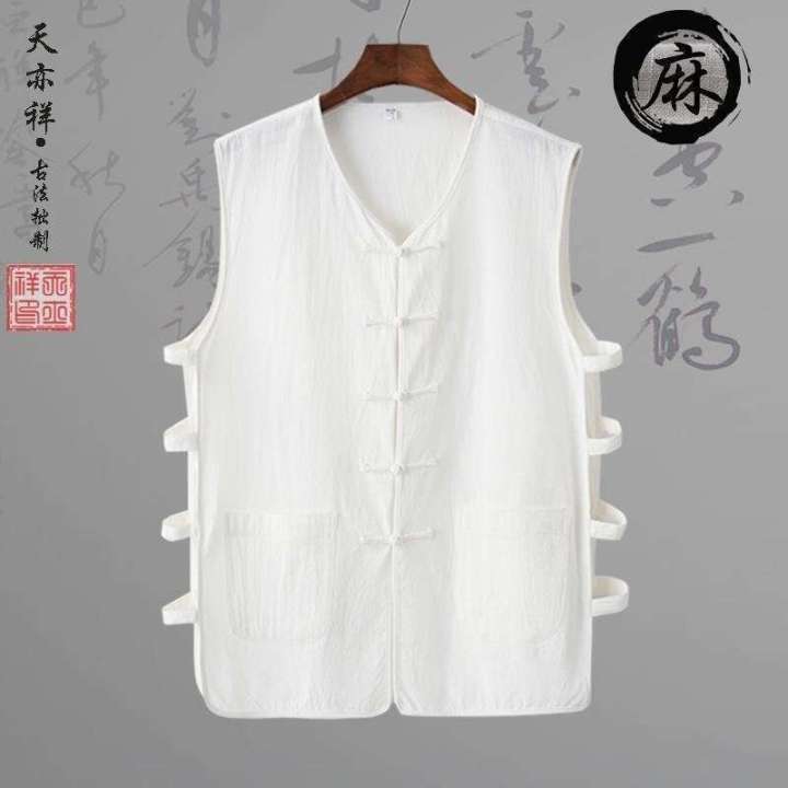 Summer thin Asian cotton and linen vest Chinese Tang style men's vest with Han jacket buttoned old man sweatshirt Beijing camisole