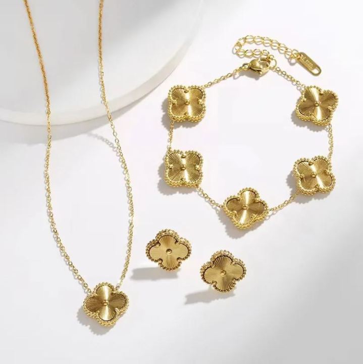 Four Leaf Flower Jewellery Sets for Girls |  Double Sided Stainless Steel Jewelry for Women Earring Necklace Bracelet | 18K Gold Plated Love Jewelry Set For Girls & Women