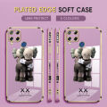 (Free Lanyard) Luxury 6D Plating Case for Realme C15 Phone Cases Hug Cartoon Bear Side Print Soft Silicone Square Back Cover. 