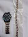 Elegant Men's Watch + Chain Combo Set Stainless Steel Luxury Wrist Watch plus Bracelet for Men. 