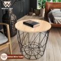 METALLO  METAL WIRE REMOVABLE WOOD TOP FOLDABLE ROUND COFFEE SIDE TABLE STORAGE BASKET ONE PICE. 