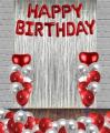Happy Birthday Silver & Red Theme Set ( Including Red Birthday Foil Balloon-30 Balloons Red & Silver -Silver Curtains 6 Feet Length & 3.5 Feet Width -2 pc silver stars & 2 pc Red Hearts ) Birthday & Party Items -Red Birthday Themes Birthday Decorations. 