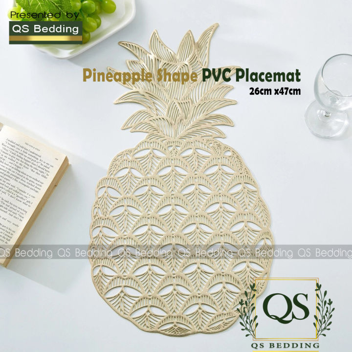 QS Gold Cutwork Pineapple Shape Placemats Pressed Vinyl Table Mat Washable Non-Slip Heat-Resistant Placemat for Dining Dressing Table Decor  26cm x 47cm - QS Bedding