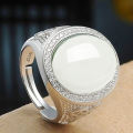 White gold-plated large oval cabochon white jade coin ring Imitation Hetian jade inlaid white jade ring. 