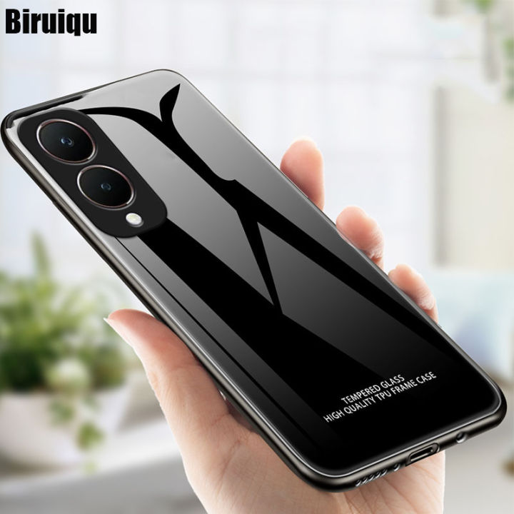 Biruiqu For VIVO Y28 Shockproof Tempered Glass Back Soft Silicone Edge Black Case Cover Casing