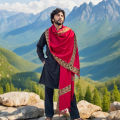 Kamaal Khan Red Iraqi Style 4 Border Chadder / Shawl / Dastaar For Men SHL-182-4. 