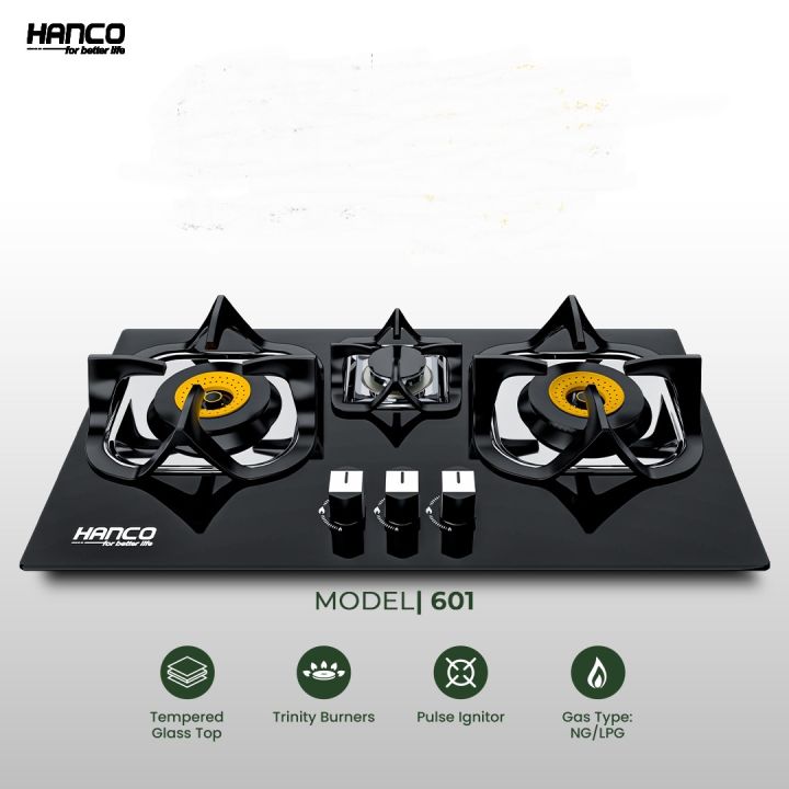 HANCO Hob Model 601 - 3 Burners Tempered Glass Black Dynamold Heavy Grill Easy to clean Pulse Ignitor