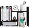 Desktop Organizer Office Storage Rack Adjustable Wood Display Shelf - Free Style Double H Display - True Natural Stand Shelf - Black. 