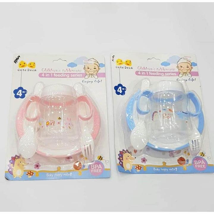 Baby Feeder Tableware Series 4 in 1 Training Set Feeding Series Baby Feeder Plate Spoon Fork Feeding Bottle