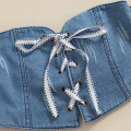 Brondwell Kid Girl Denim Outfits Sets, Off Shoulder Short Sleeve Lacing Crop Tops with Ripped Jeans. 