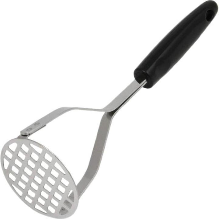 Stainless Steel Potato Masher Hand Tool Heavy Duty Small Holes Mashing Plate for Smooth Mashed Potatoes Soft grip Cushioned Handle Press Plate Masher for Vegetables and Fruits