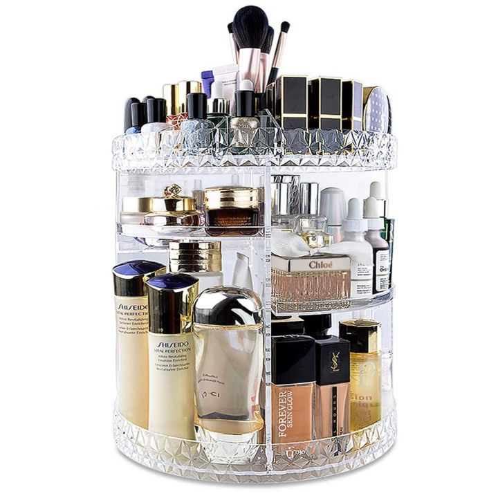 360 Degree Rotating Makeup Storage Rack Height Adjustable Cosmetics Organizer Assembly Skin Care Holder Bathroom Display Case