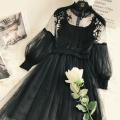 Lace Flower Net Long Maxi Dress for Women and Girls, Lantern Sleeve Voile Princess Dress, Elegant Retro Style. 