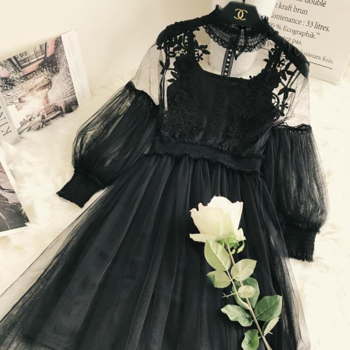 Lace%20Flower%20Net%20Long%20Maxi%20Dress%20for%20Women%20and%20Girls,%20Lantern%20Sleeve%20Voile%20Princess%20Dress,%20Elegant%20Retro%20Style%20-%20Image%203