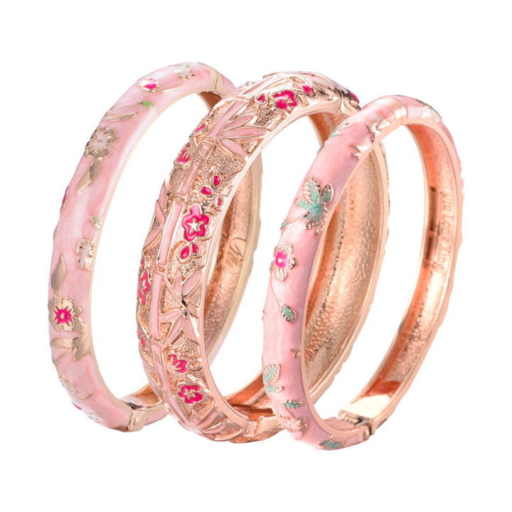Women's Bracelets Set Bangle On Hand Hinge Enamel Cloisonne Bangles For Women Pink Vintage Birthday Gift For Mother