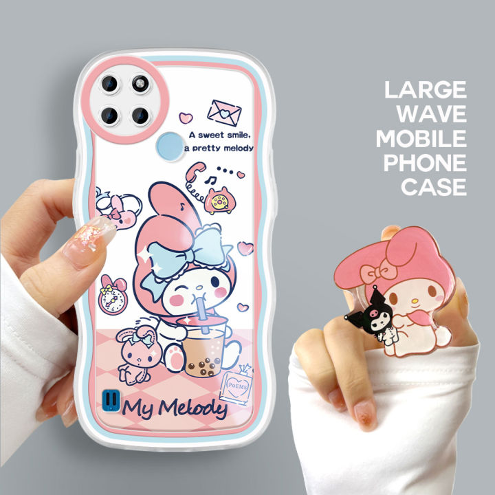 TA for Realme C21Y Realme C25Y Back Cover Cute Melody Kuromi Fashion Wavy Phone Case With Free Holder Camera Protection Transparent TPU Soft Cover for Girls