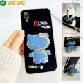 UCUC for Vivo Y11 2019 Y12i 1906 Back Cover Cute kitty Mirror Multifunction Folding Bracket Luxury Plating Case Soft Silicone Square Phone Cases for Boys for Girls. 