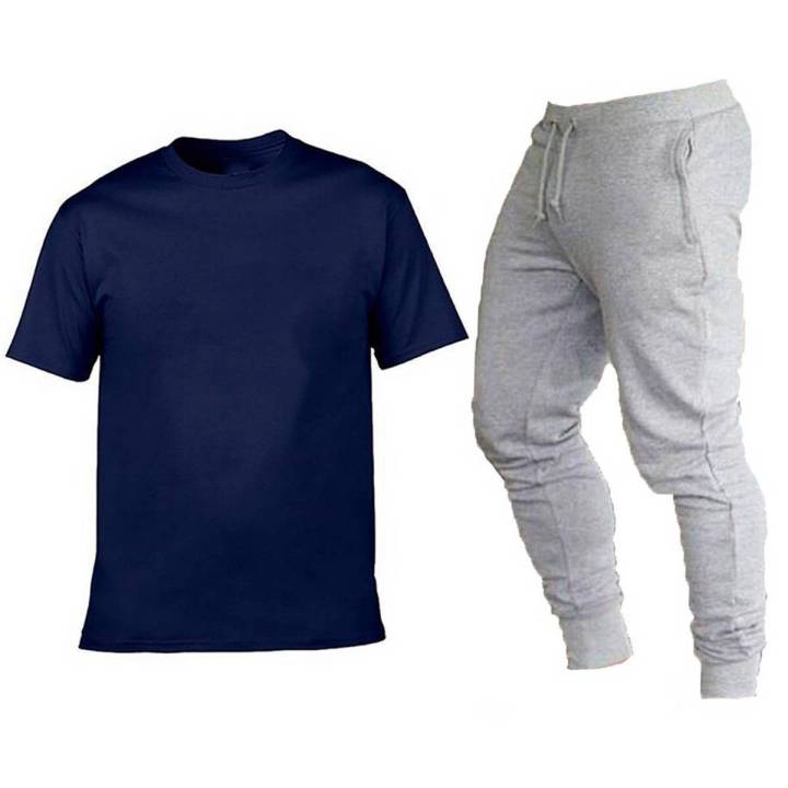 Plain Navy Blue T shirt And Grey Trouser New Summer Design Track Suit Half sleeves Tshirts Jogging Trousers Best Quality Top Tees For Men