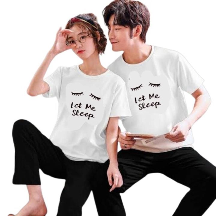 Couples Night Suit Let Me Sleep Printed For Couples Men And Women Night Wear T-Shirt and Trouser For Couples Men And Women
