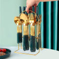 24 Piece GOLDEN Hanging Cutlery Set & Holder/Stand, Elegant Life Cutlery Set, Stainless Steel and Mirror Polishing Dinnerware Sets. 