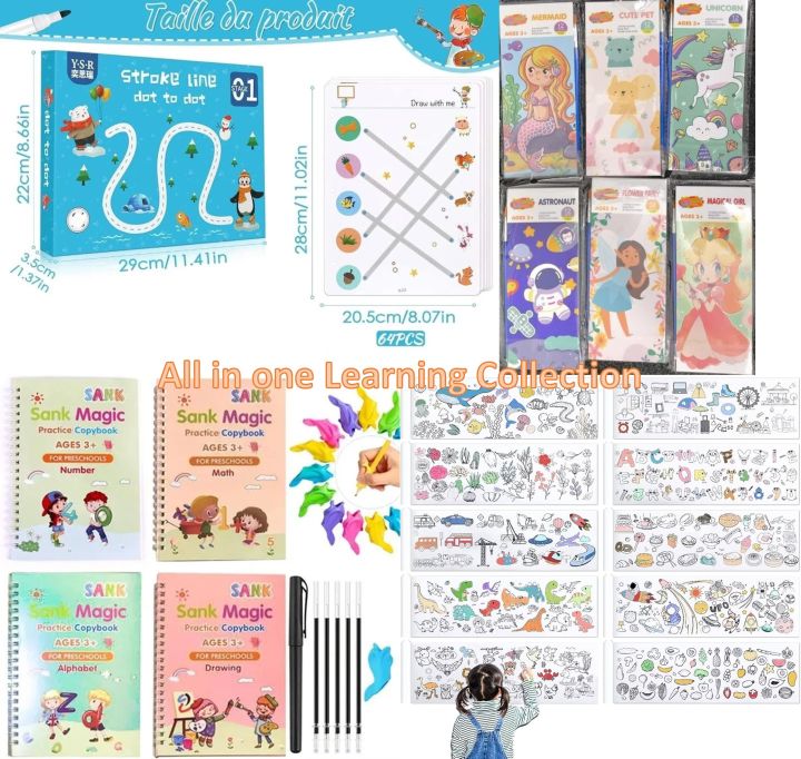 Kids Magic Drawing Pads, Writing Book and Tracing Line Practice Workbook Collection - Teaching, Learning & Painting Books - Calligraphy Handwriting Workbook with Magic Ink Pen Training Preschool Teaching Aid Montessori Learning