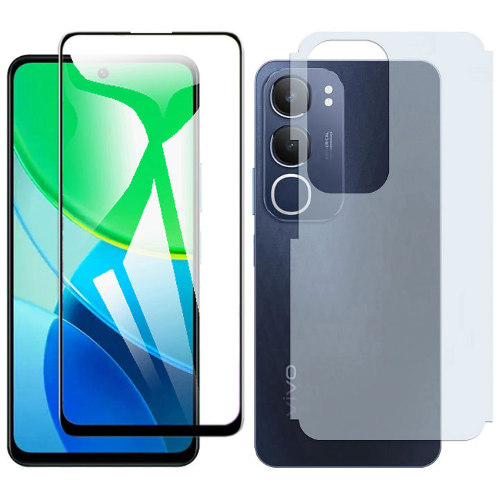Vivo Y19s 9D Full Glue Edge-to-Edge Coverage Screen Protector Tempered Glass + Soft Film Protector Back Matte Protector Soft Skin Sheet For Vivo Y19s