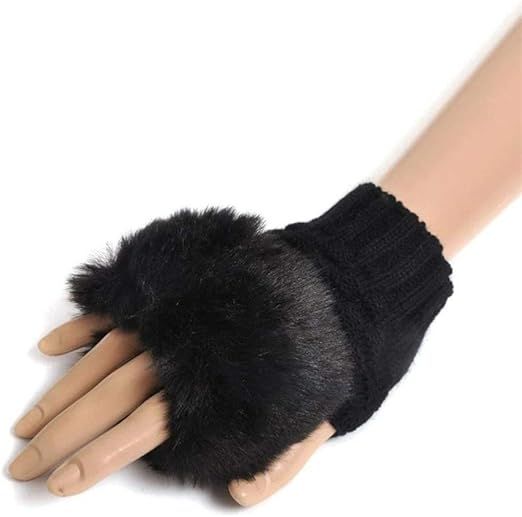 Winter Gloves Female Fingerless Gloves Without Fingers Pompom Faux Fur Wrist Mittens Knit Patchwork Guantes Plush Gloves, Gloves Size : One Size)