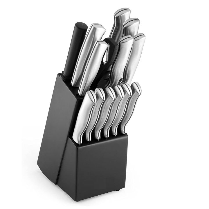 Techmanistan 15 Piece Kitchen Knife Block, Stamped High Carbon Stainless Steel Steak Knives, Sharp Knife Set with Wooden Block, AR+COOK Stainless Steel 15 Piece Cutlery Set