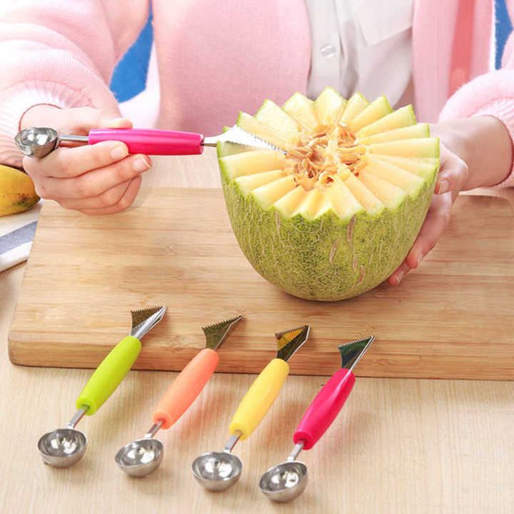 New Special Designed 2 in 1 Dual-head Fruit Ball Carving Knife Fruit Waterlemon Scoop Melon Baller Ice Cream Dig Ball Platter Spoon - Multicolour