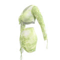 2Pcs Ladies  Top Short Skirt Set, Summer Unique Printing Strapless Long Sleeve Lace Up Crop Top + Ruched Mini Skirt Kit. 