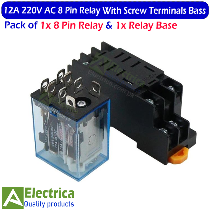 1 pair of 8 Pin 12A Coil 220V AC Relay and 8 Screw Terminals Base 220v AC Contact DPDT General Purpose Relay 8 pins double pole double through relay by Electrica
