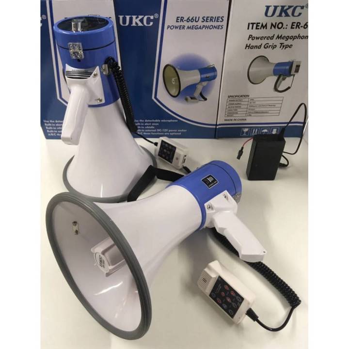Power Megaphones ER-66 USB Series.ER-66 is a hand grip megaphone with detachable PTT microphone featuring 25 W power and 700 meters range with excellent intelligibility.Three models are available equipped with different functions including Siren (ER-66S),